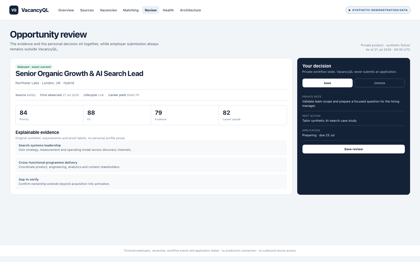 Synthetic VacancyQL opportunity review showing explainable evidence and a private decision panel.